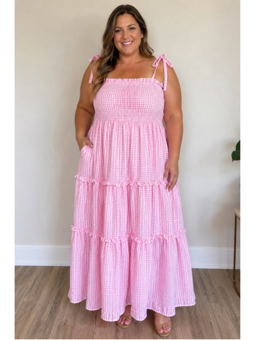 Simply Southern Pink White Gingham Seersucker Smocked Tiered Maxi Dress XXL Plus - Picture 2 of 10